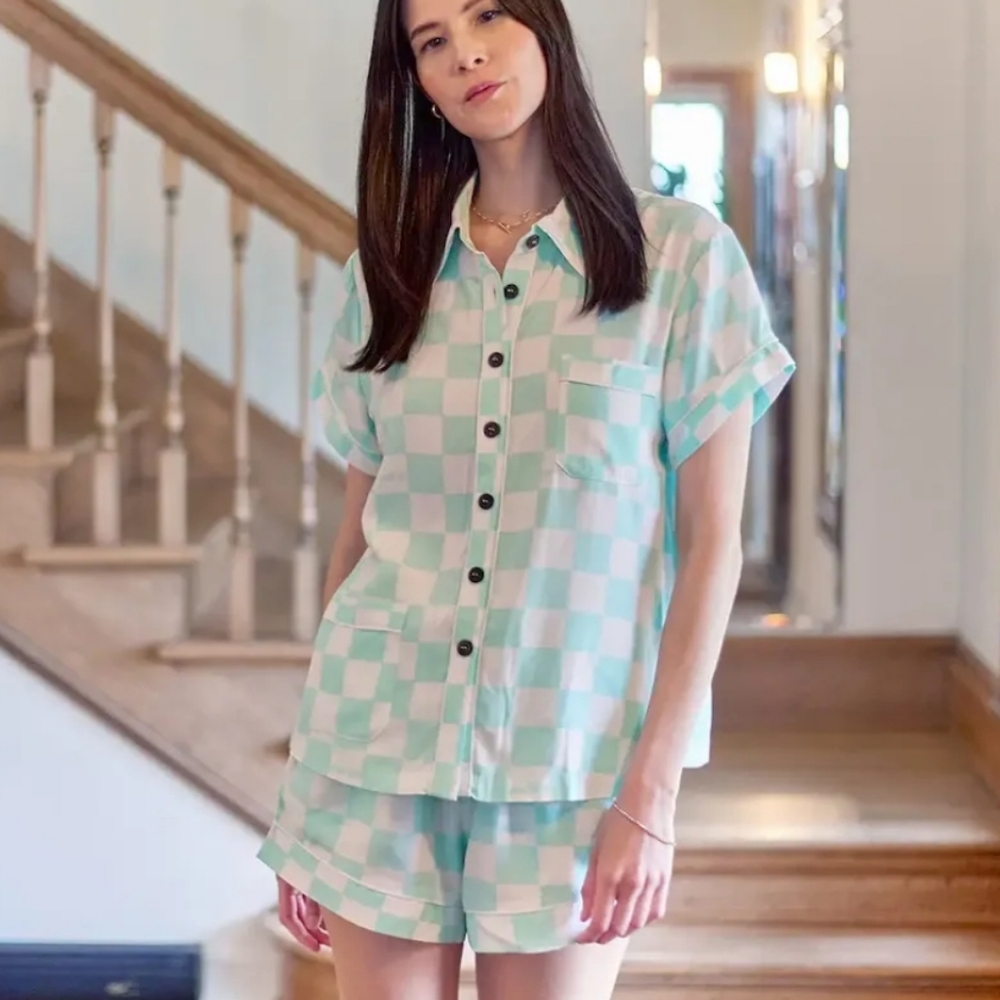 Mint Green Checkered 3-Piece Pajama Set